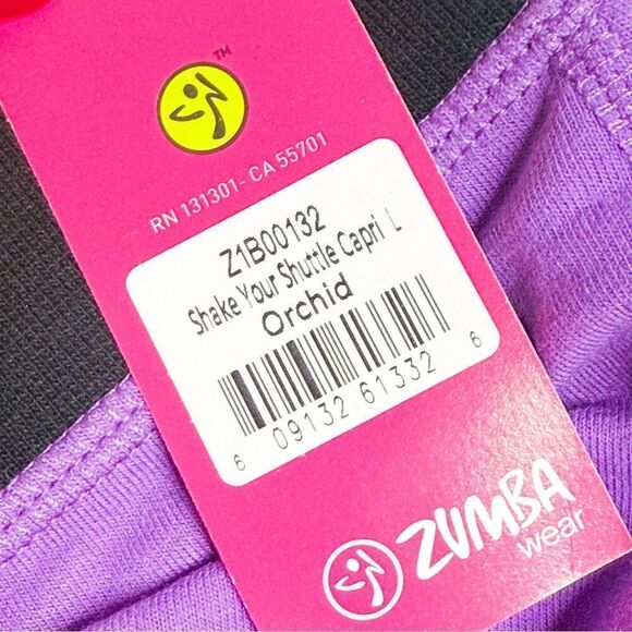 Zumba NWT! Shake Your Shuttle Capri Pants Orchid Purple Black Waistband Size L - Picture 7 of 9